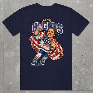 Jack Hughes USA Hockey Caricature Navy Graphic Tee Fan Gift